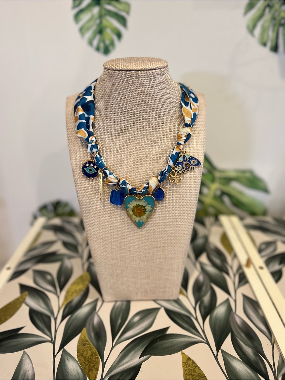 Blue Floral Heart Charm Scarf Necklace
